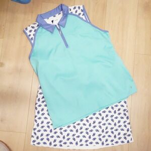 IZOD Golf Womens XL Sleeveless Polo Shirt and Skort Set Teal Purple Patterned